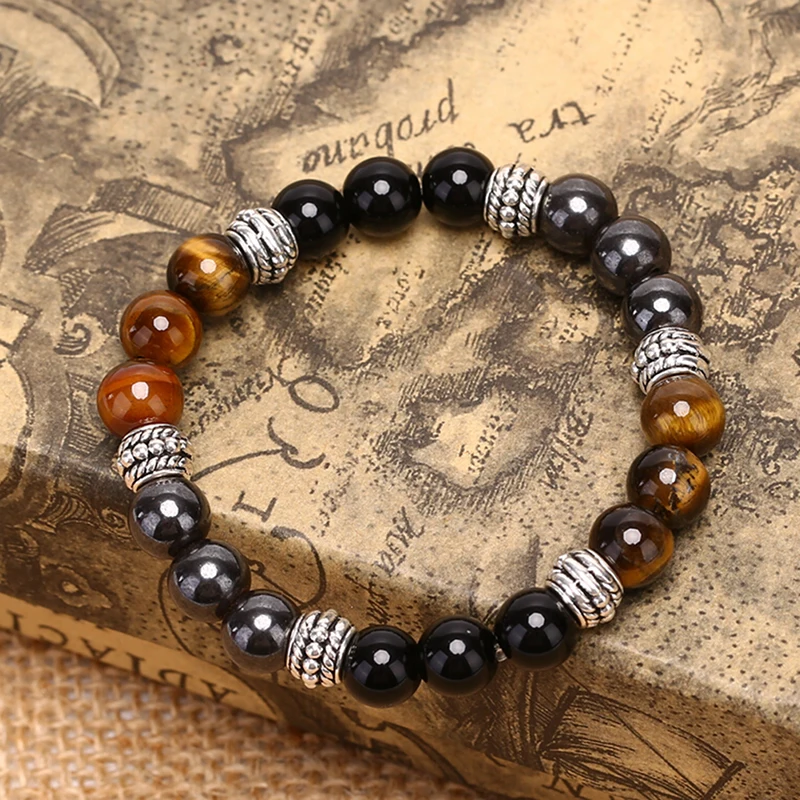 Unique Natural Tiger Eye Stone Men's Beaded Bracelet Men Stainless Steel Hematite & Black Obsidian Stone Magnet Bracelets Male