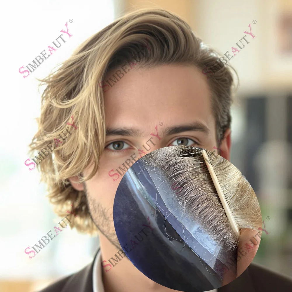 

Мужской накладной парик из натуральных волос с узловой технологией, суперпрочный, полностью полиуретановый, омбре блонд, для мужчин, при выпадении волос