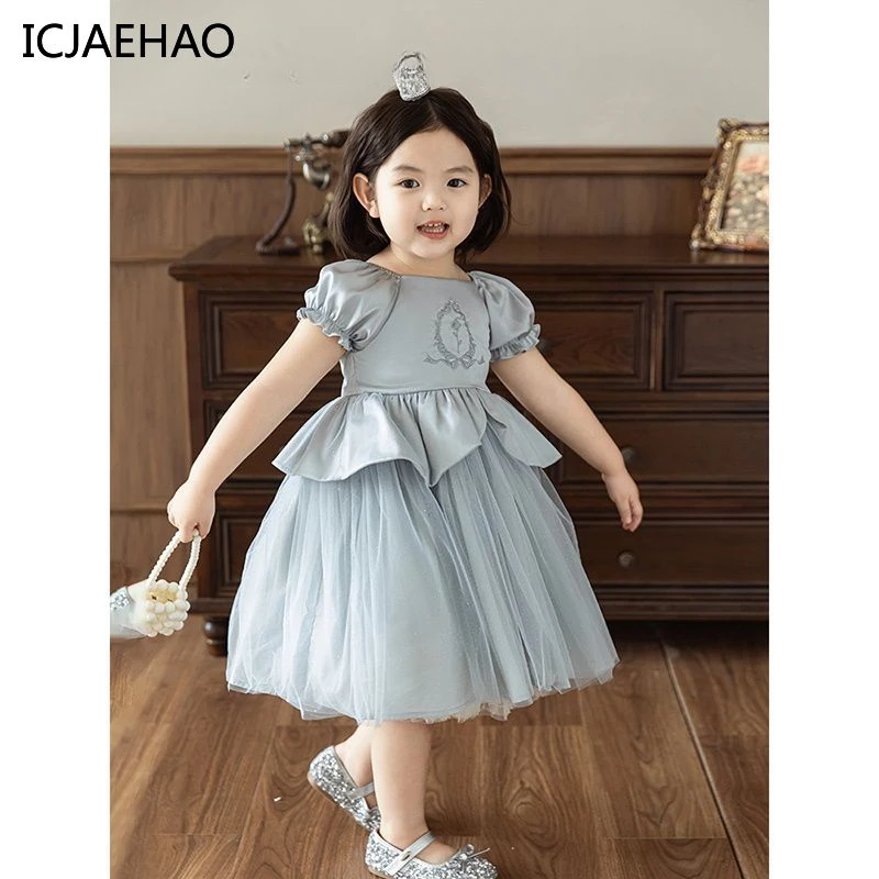 

ICJAEHAO 2024 Solid Girl Princess Dress Simple Clothing Square Neck Children Bubble Sleeves Cute Tulle Vestidos for Kids Outfit