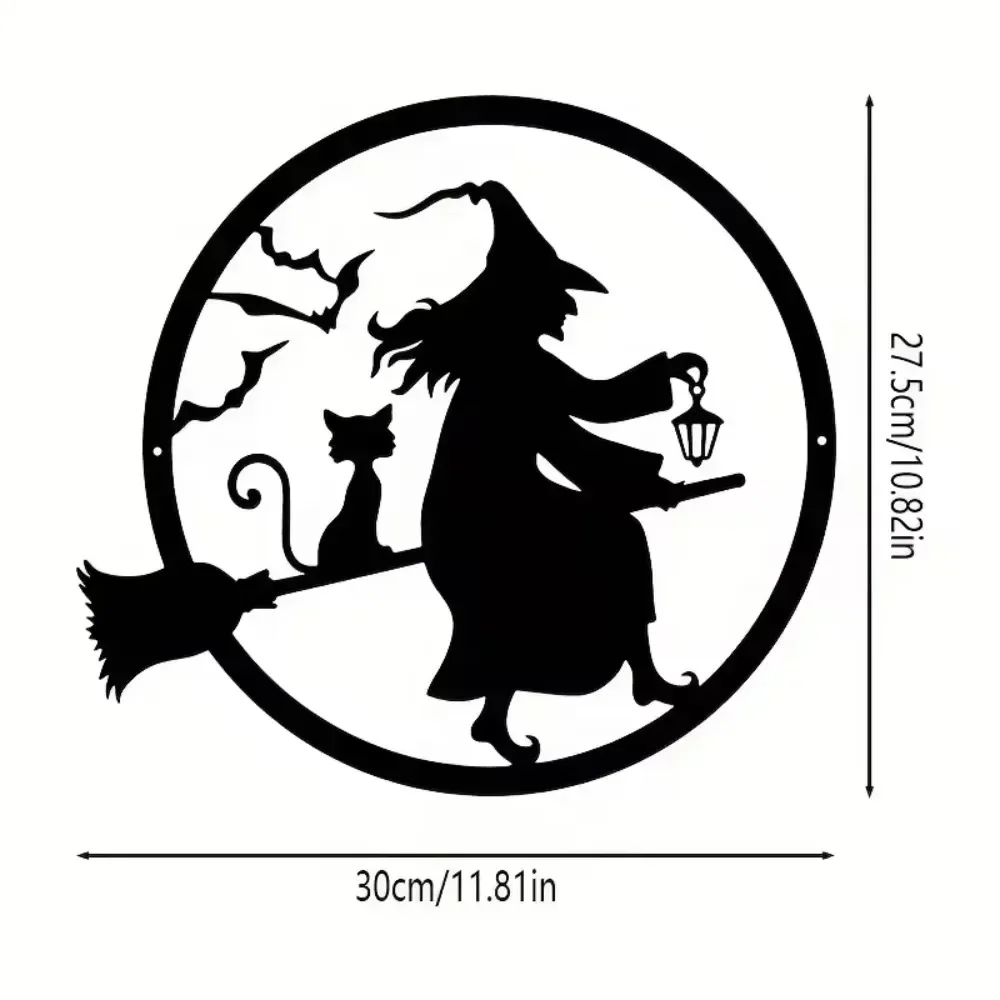 Iron Witch Metal Wall Hanger: Alluring Black Halloween Decoration for Front Porch and Home. Sinister and Joyous Door Ornament