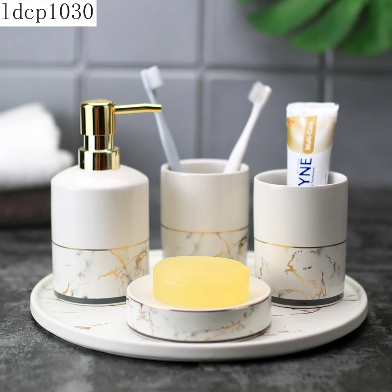 

Nordic Light Luxury Bathroom Supplies White Marble Lotion Bottle Soap Dish Toothbrush Holder Bathroom Decoration Accessories