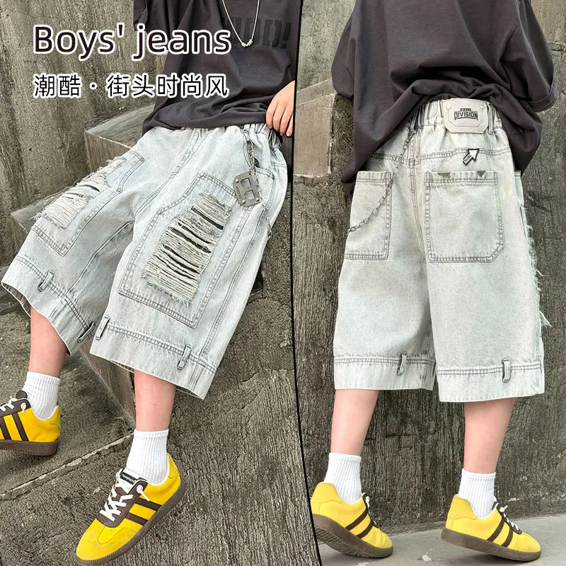 

2026 New Summer Childen Thin Denim Shorts Boys Ripped Cargo Capri Pants Fashion Street Trousers for Teenagers Kids Streetwear