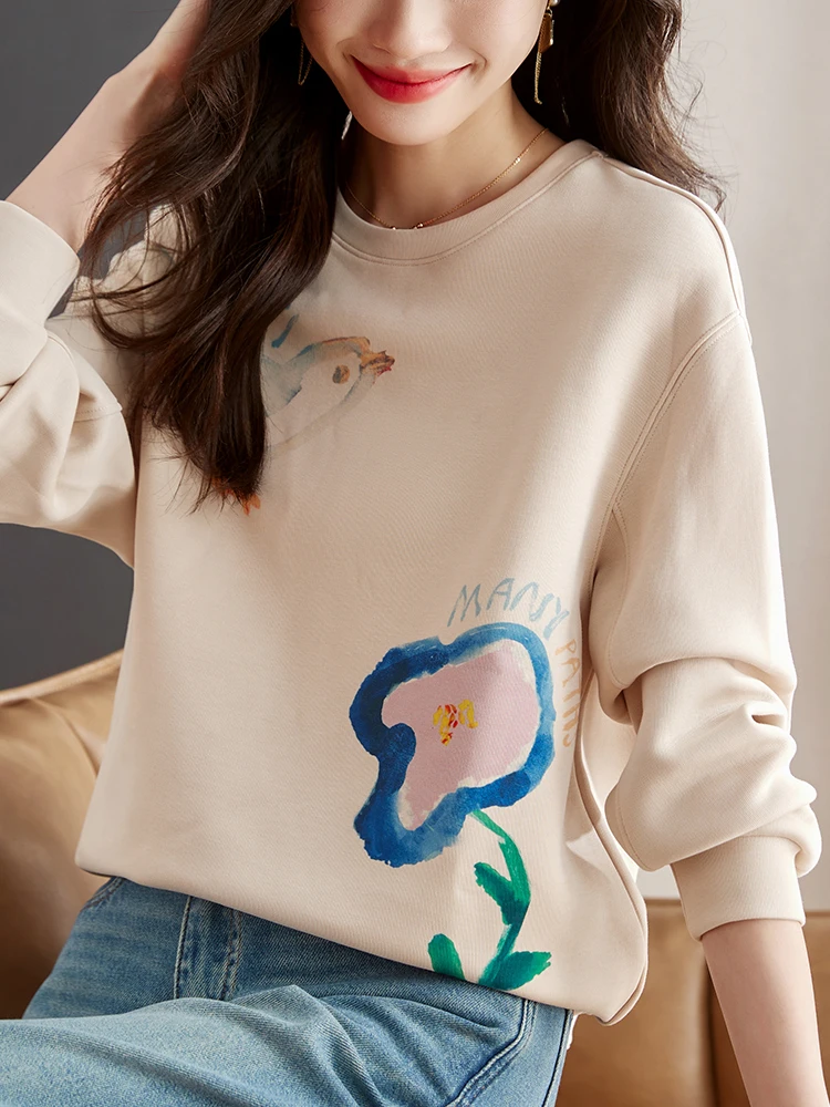 Vintage Fashion Printed Sweatshirts Women 2023 New Long Sleeve Loose Casual Streetwear Pullovers Female Fall Tops Jumper Apricot