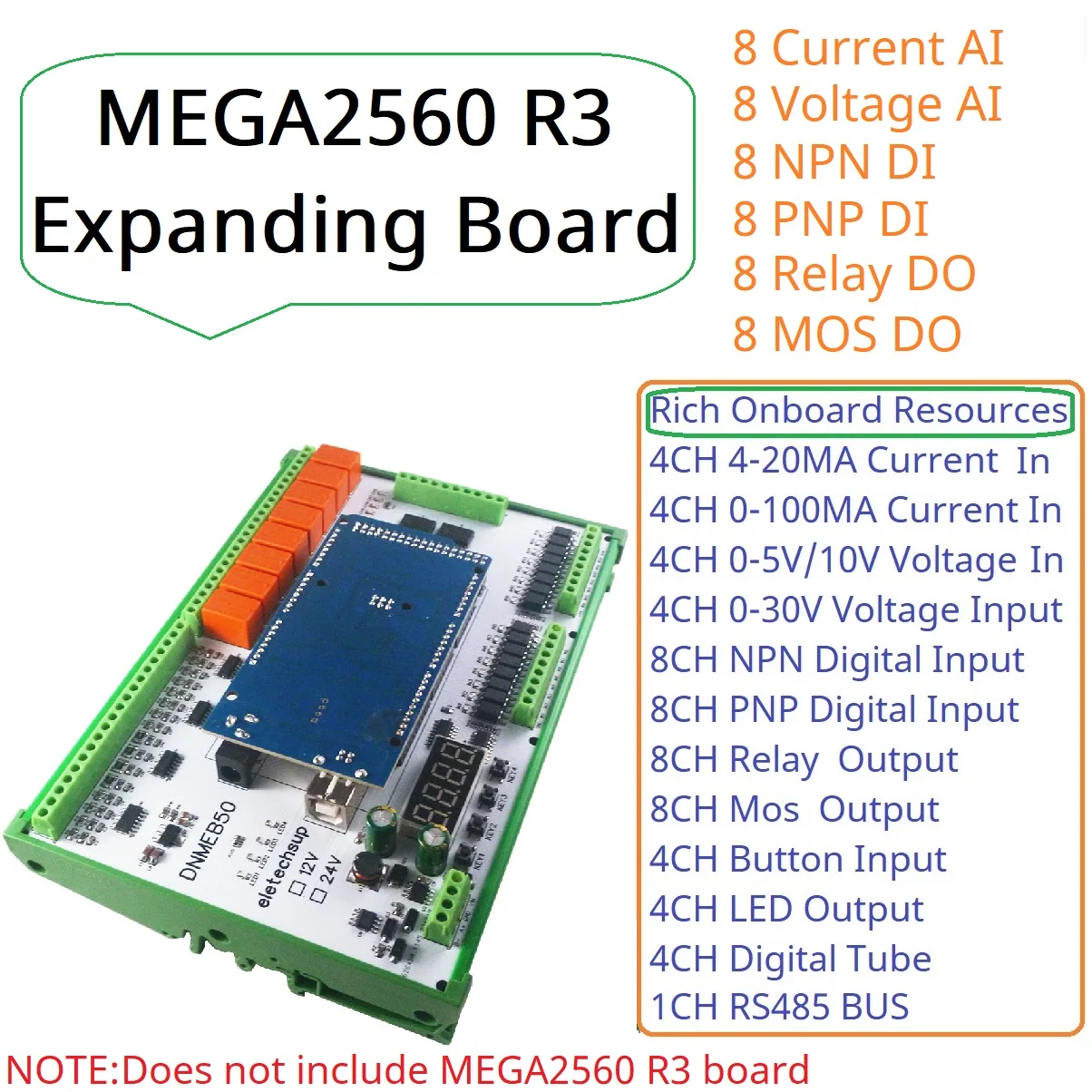 

DNMEB50 16AI-16DI-16DO 4-20mA Current 0-5V/10V/30V Voltage Dry Wet Contact MOS RS485 Relay MEGA2560 R3 Efficient Expanding Board