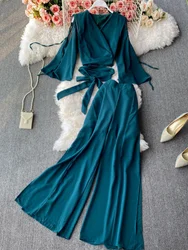 Summer Chiffon Two-piece Set Women V-neck Bow Tie Chiffon Shirt Flared Sleeves Top High Waist Slit Wide Leg Pants Elegant Suits