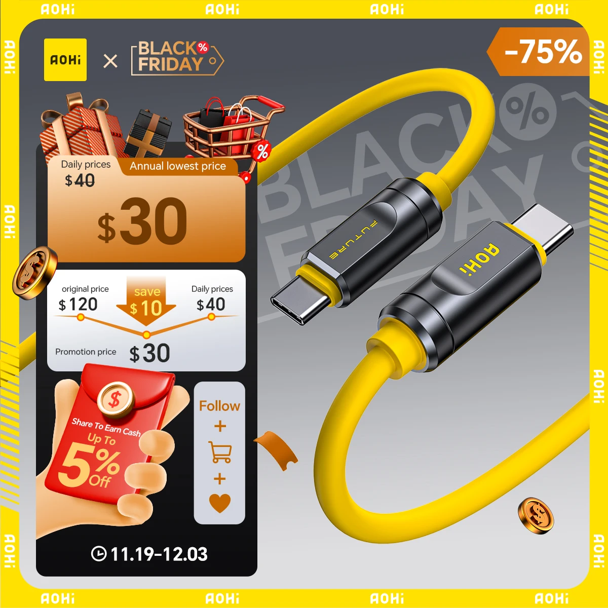 

AOHI THE FUTURE Adonis USB4 2.0 Type C Cable 240W Fast Charging 3.3FT (120Gbps/ 8K/ PD3.1) For MacBook iPad