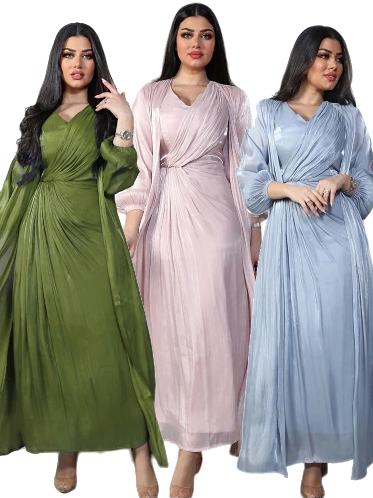 Eid 2024 Dubai Luxury Shiny Satin Open Kimono Abaya 2 Piece Set Muslim Modest Kaftan Dresses Islam Clothing For Women Robe Femme