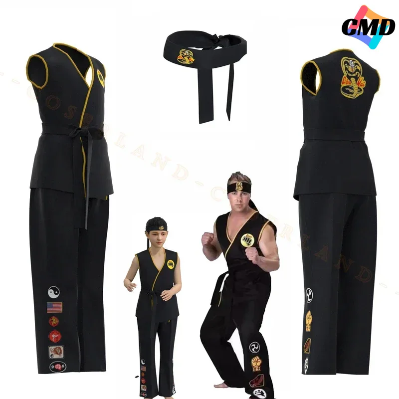 Cos Cobra Kai Cosplay Costume for Kids Adults The Kid Daniel LaRusso Johnny Lawrence Black Karate Uniform Top Pants Hallo