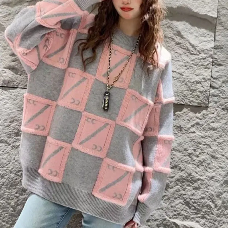 Female Clothing Korean Loose Knitted Sweaters Casual Stylish Plaid Spliced Autumn Winter Long Sleeve O-Neck Vintage Jumpers New