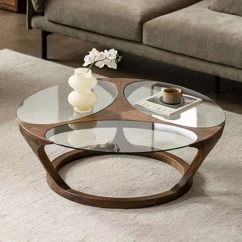 Black walnut glass coffee table for the opposite sex, minimalist living room, all solid wood round tea table, sofa side table