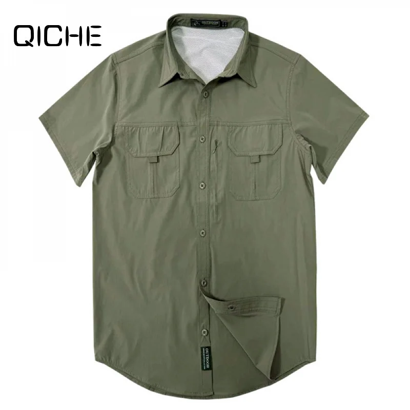 QICHE 2026 Men Summer Outdoor Multi‑Pocket Cargo Short‑Sleeve Shirt Ice‑Silk Stretch Breathable Thin Casual Blouse