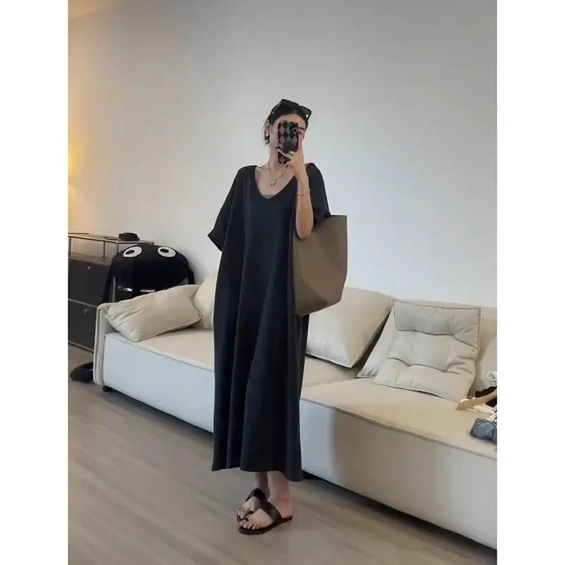 Loose V-Neck Short Sleeve Long Dress Women's plus Size Summer Design Sense Skirt Commute Style High Waist A-Line Skirt