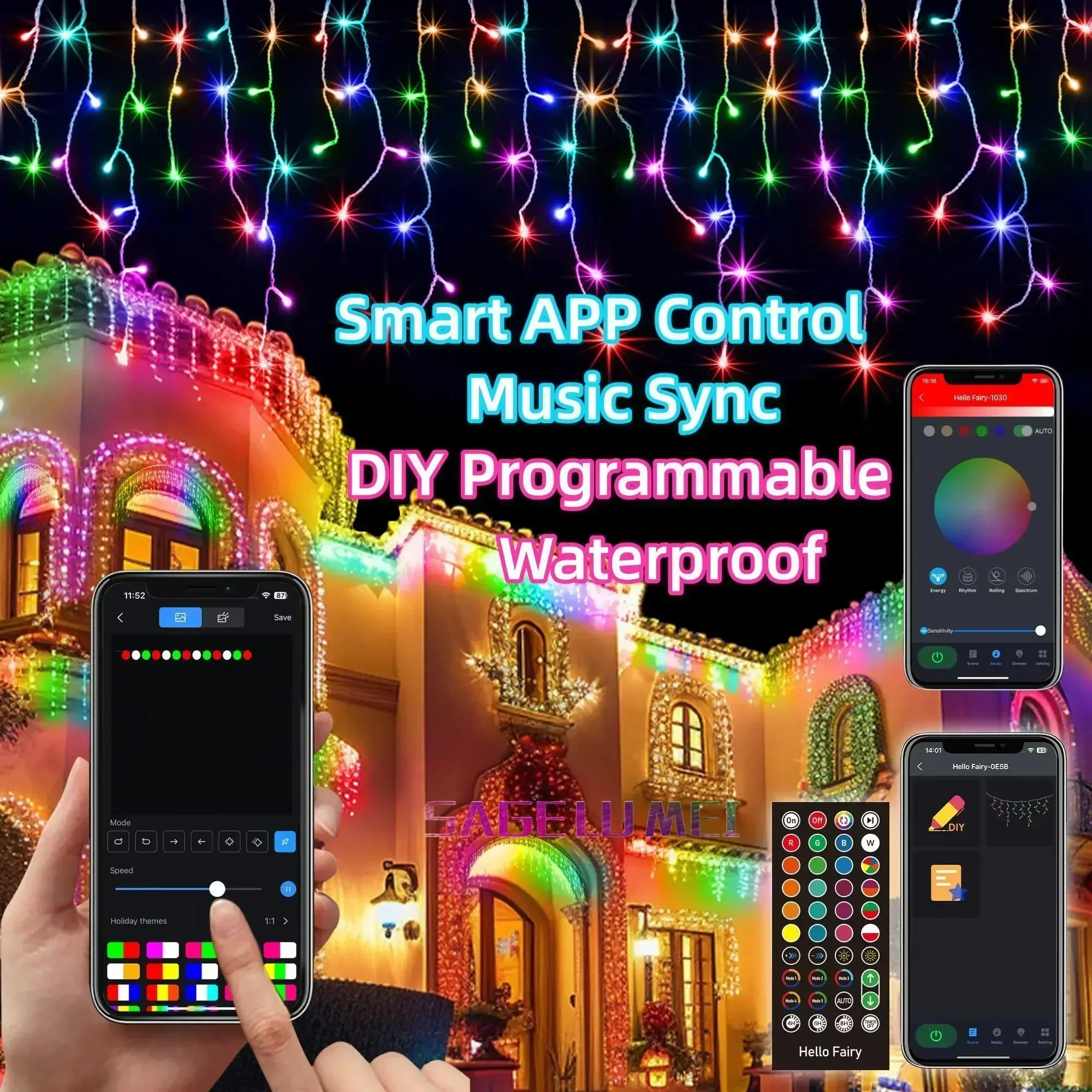 Rideau Lumineux LED avec Télécommande Intelligente, Fil Noir, RVB, IC, Décoration de Noël, 10 Mètres