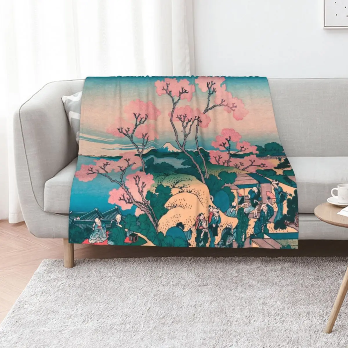 

Spring Picnic under Cherry Tree Flowers, with Mount Fuji background Throw Blanket Designers Picnic Moving Cute Plaid Blankets