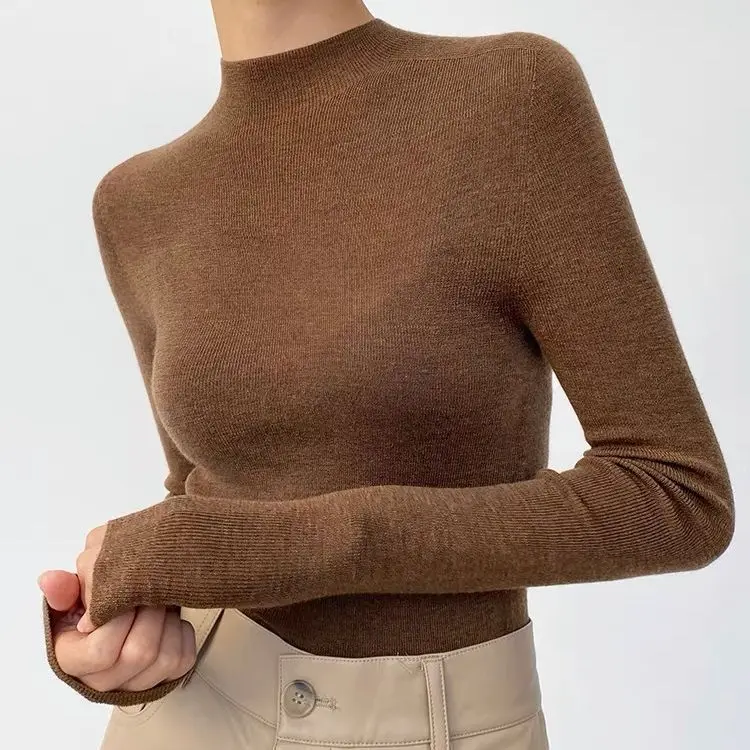 

Seamless One Piece Cashmere Wool Half High Neck Knit Shirt Women's Slim Fit and Slim Bottom Shirt Top Overlay