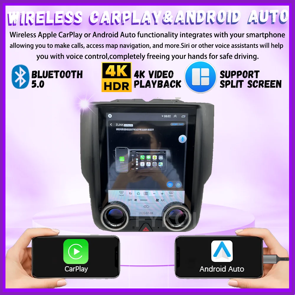 Car Radio For Dodge RAM 2013-2015 CarPlay Android Auto Tesla Style Automotive multimedia Bluetooth WIFI GPS Stereo Navigation 4G