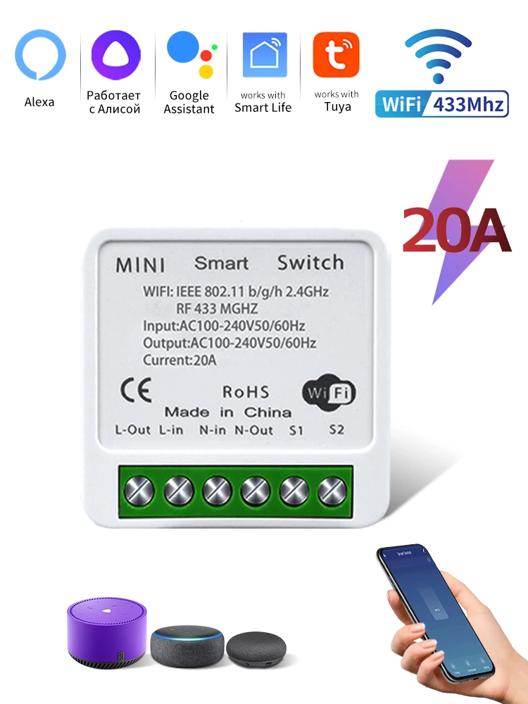 Tuya 16A 20A Mini WiFi Smart Switch 2-weg timerrelais Automatiseringsmodule Smart Life App Remote Alexa Google Home Spraakbesturing