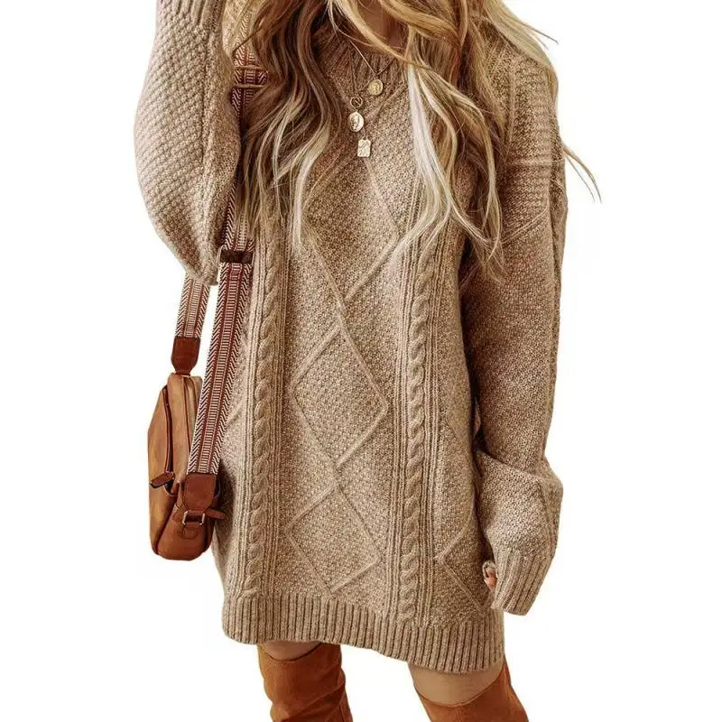 

Women's Diamond ID Medium Long Knitted Sweater Casual Sle Regular Fit Medium Thi Pure Color Crew Ne Single Piece