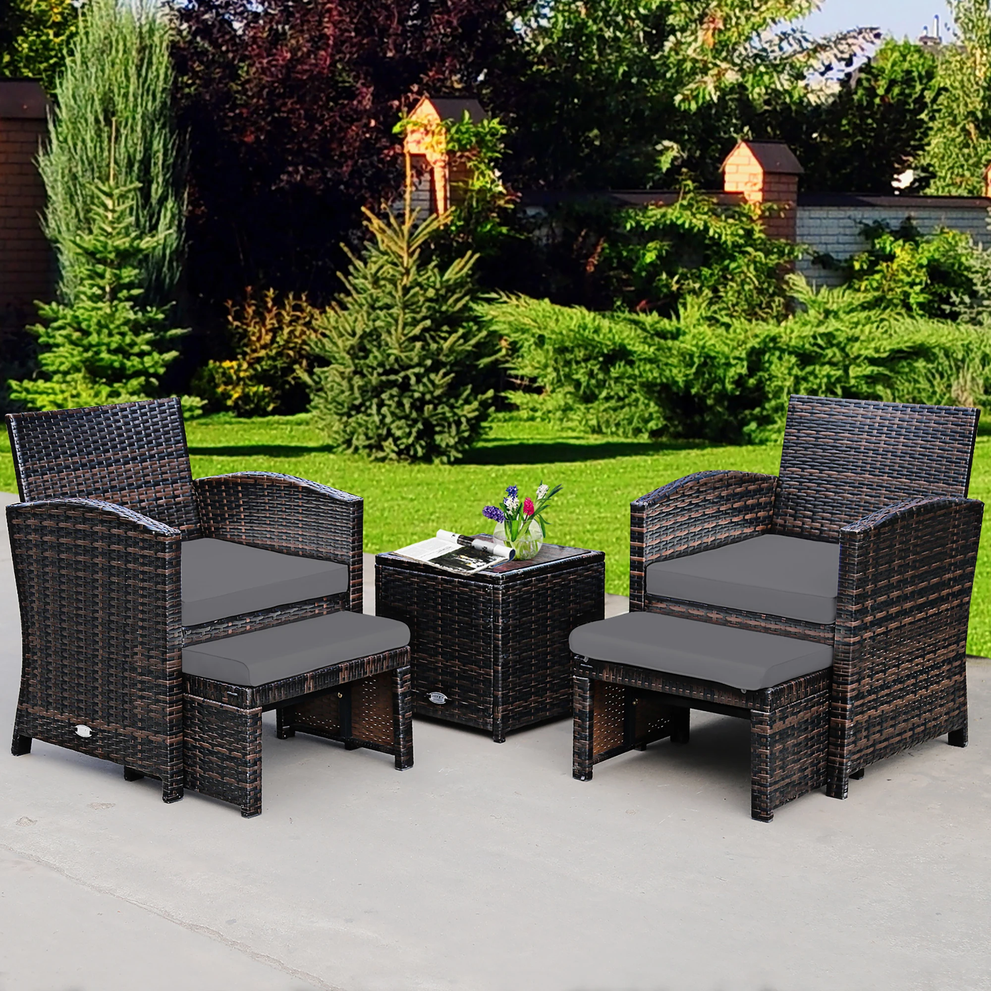 

5PCS Patio Rattan Wicker Furniture Set Sofa Ottoman Cushion Gray