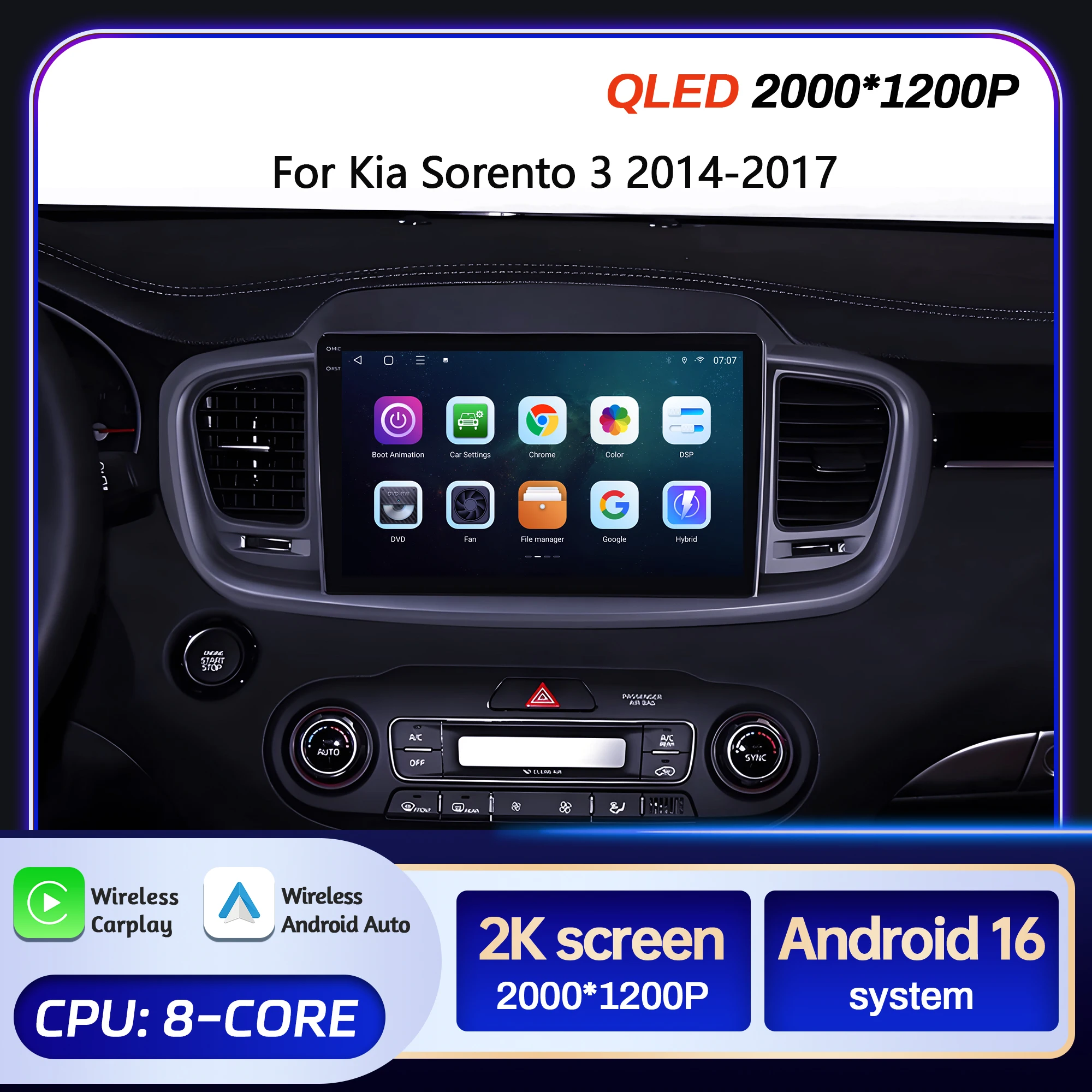 10-дюймовый автомобильный радиоприемник для Kia Sorento 3 2014-2017 с экраном 2K QLED, Android 16, беспроводным BT, CarPlay, сенсорным управлением, 4G и Wi-Fi