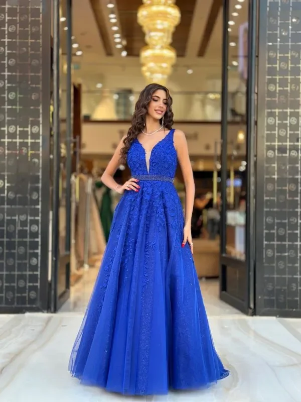 Robe de soirée en dentelle bleue, ligne de luxe, appliques, sexy, col en V, occasion spéciale, soirée formelle, élégante, robe de Rhpersonnalisée, nouveau classique