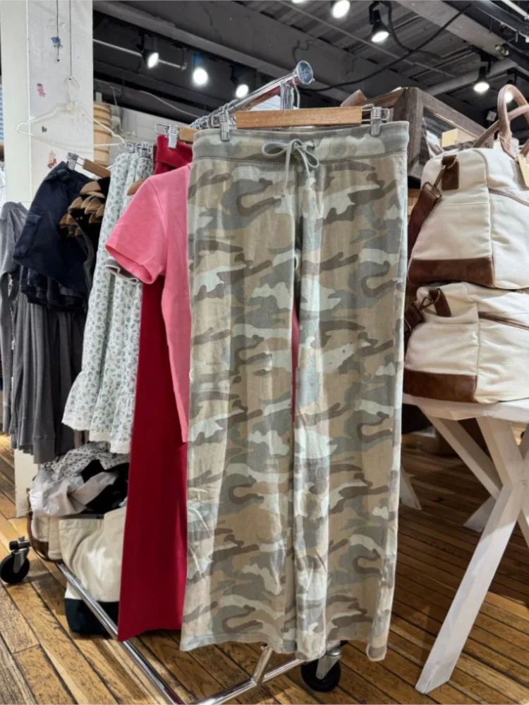 Camouflage Raw Hem Wide Leg Long Pants Women Cotton Drawstring High Waist Joggers Sweatpants Vintage Streetwear Loose Trousers