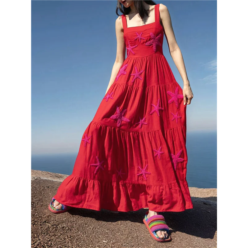 ABRT-Women Embroidered Maxi Dress Sleeveless Smocked Flowy Sundress Boho Summer Long Dresses Beach Vocation