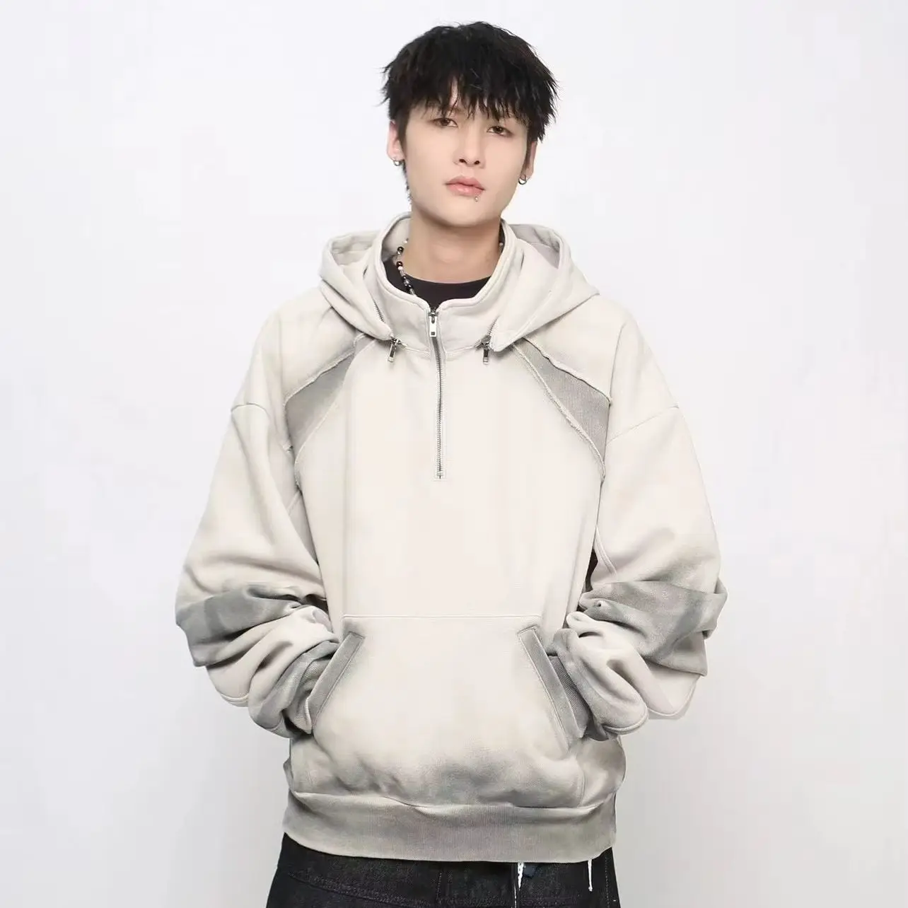 American Trend Gradient Faded Washed Half Zip Cropped Hoodie Deconstructed Splice Oversized Men Women Street Pullover Sweatshirt