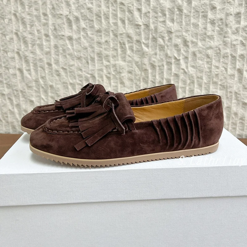 Tassel Bow Design Flat Shoes Women's Suede Round Toe Lazy Loafers Spring Autumn Fashion Casual Walking Single Shoes Bean Shoes