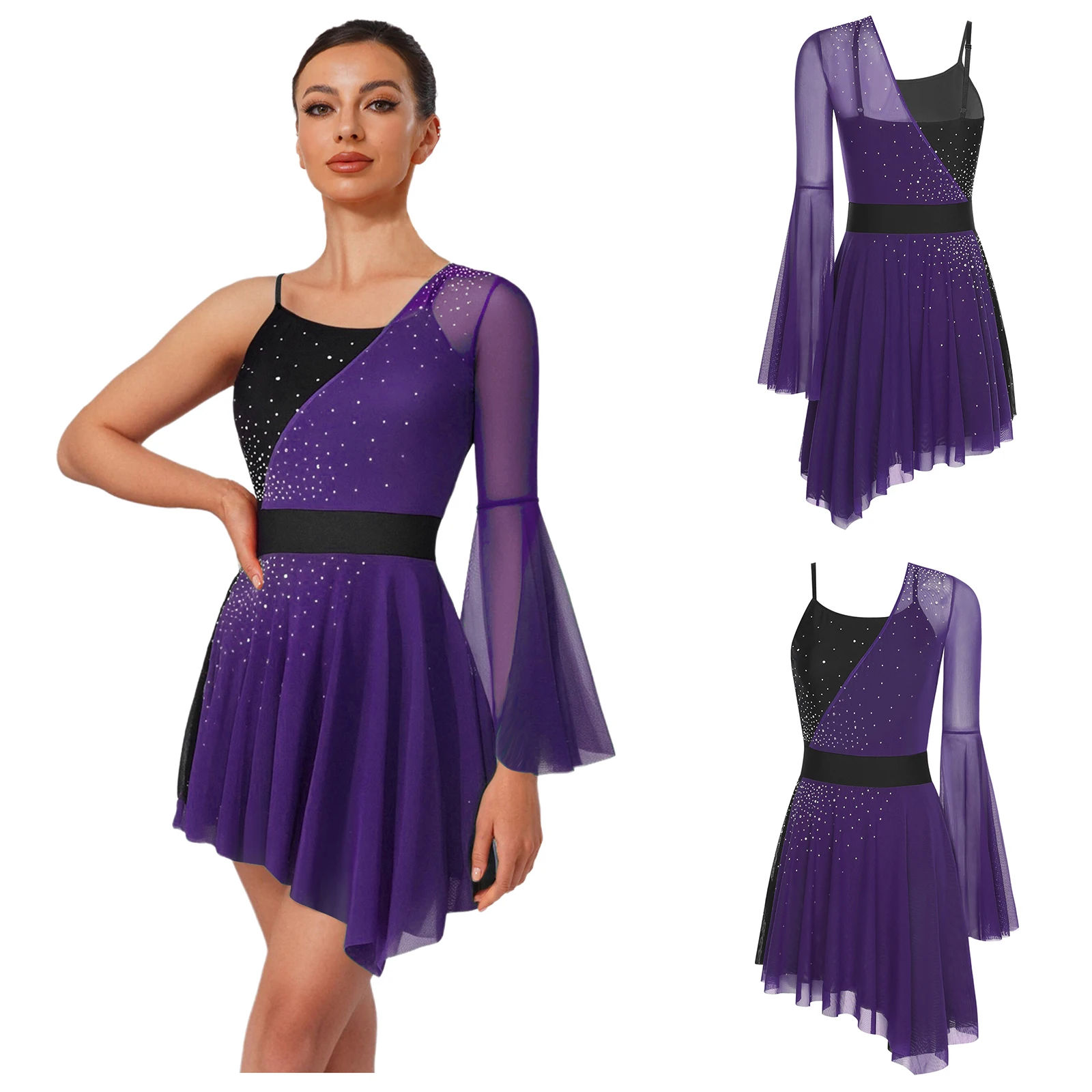 المرأة التزلج على الجليد ازياء لامعة الراين التدرج اللون المرقعة بقماش شفاف تول فستان غنائي الباليه ملابس رقص الجمباز