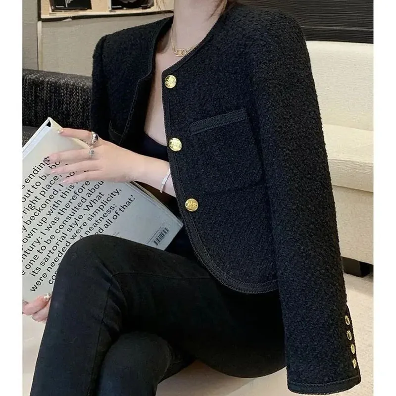 Elegant Faux Woolen Jackets Women Black Single Breasted French Chic Classy Coat Harajuku Button Office Lady Short Outwear