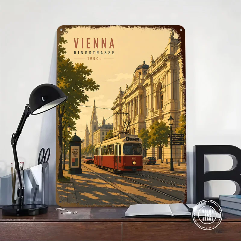 Vienna Ringstrasse Tram in the 1990s 3D Printed Texture Poster Personalized Wall Art Retro Metal Tin Signs for Decoration Home