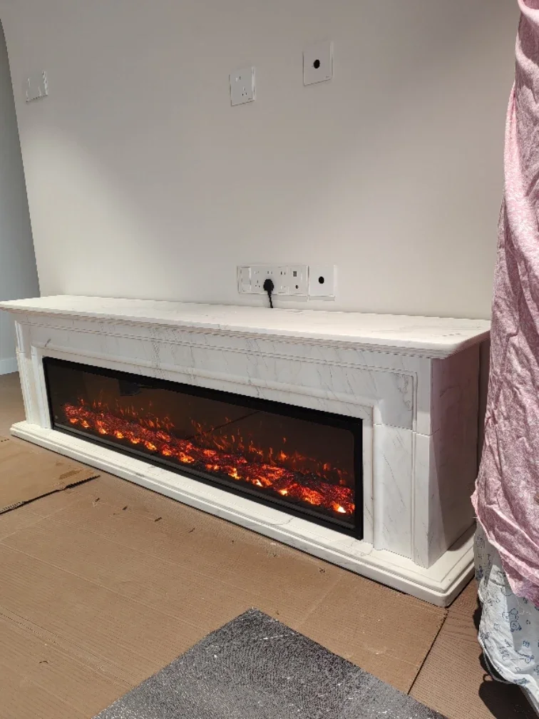 Mueble para TV de mármol blanco, repisa de piedra, chimenea de mármol, chimenea beige, chimenea de línea plana