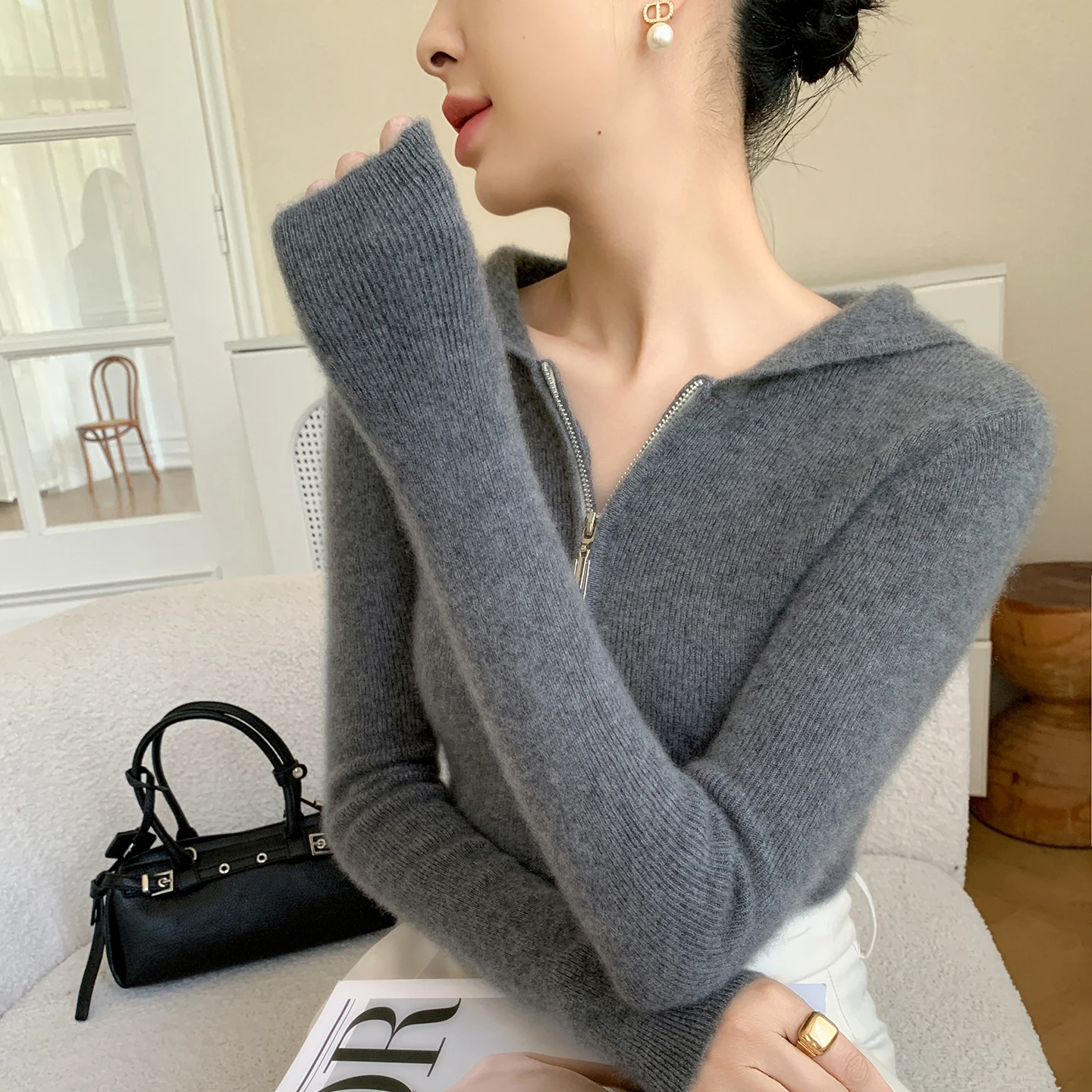 بلوفر نسائي 100% من الكشمير الخالص بنصف سحاب مفتوح سترة محبوكة بلون سادة غير رسمية بقصة ضيقة وياقة بقلنسوة سترة دافئة