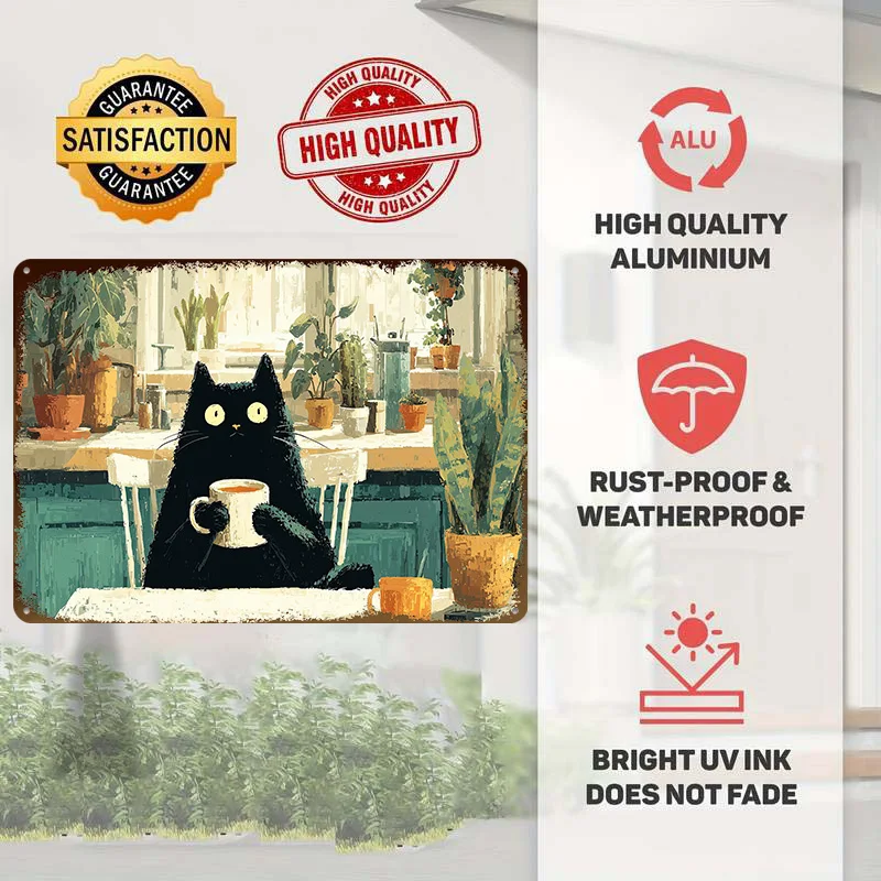 Black Cat Morning Ritual in a Plant Filled Tin Poster Customized Wall Art Retro Vintage Metal Signs for Fans Room Bathroom Decor