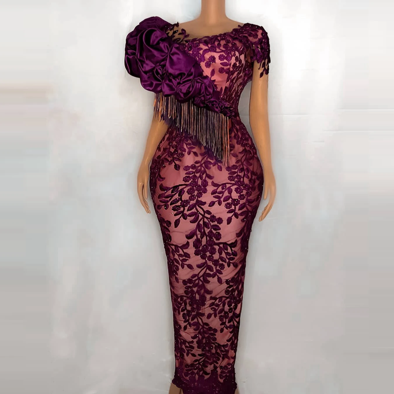 

Purple Mermaid Evening Dress Lace Crystal Wedding Prom Dress and Ankle Short Sleeve Banquet Party Plus Size Customization