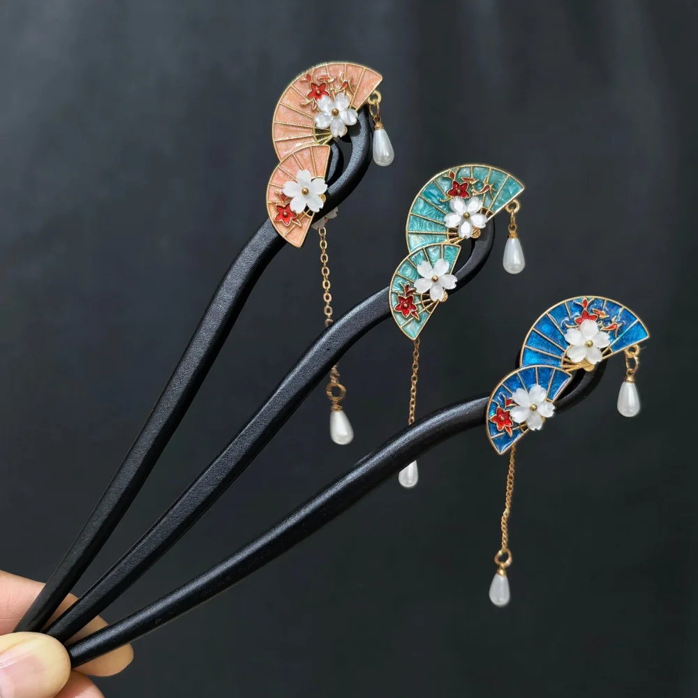 Vintage Wooden Fans Hair Sticks Handmade Pearl Hairpin for Women Girls Temperament Hair Accessories Wedding Hair Styling Tools