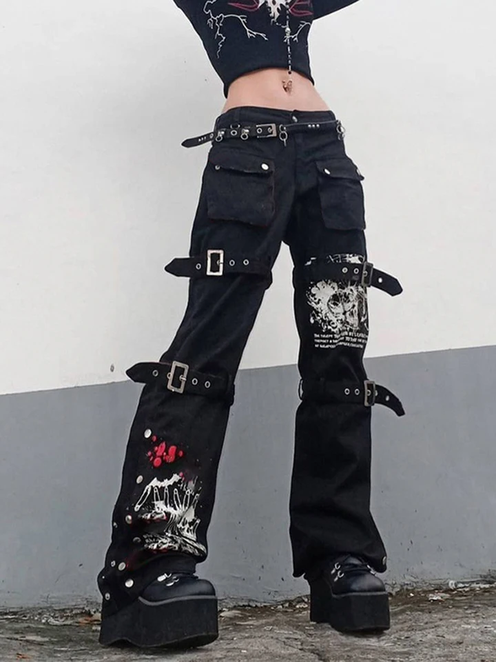 Cyber Y2K Pants Hollow Out Techwear Gothic Emo Alt Trouser Punk