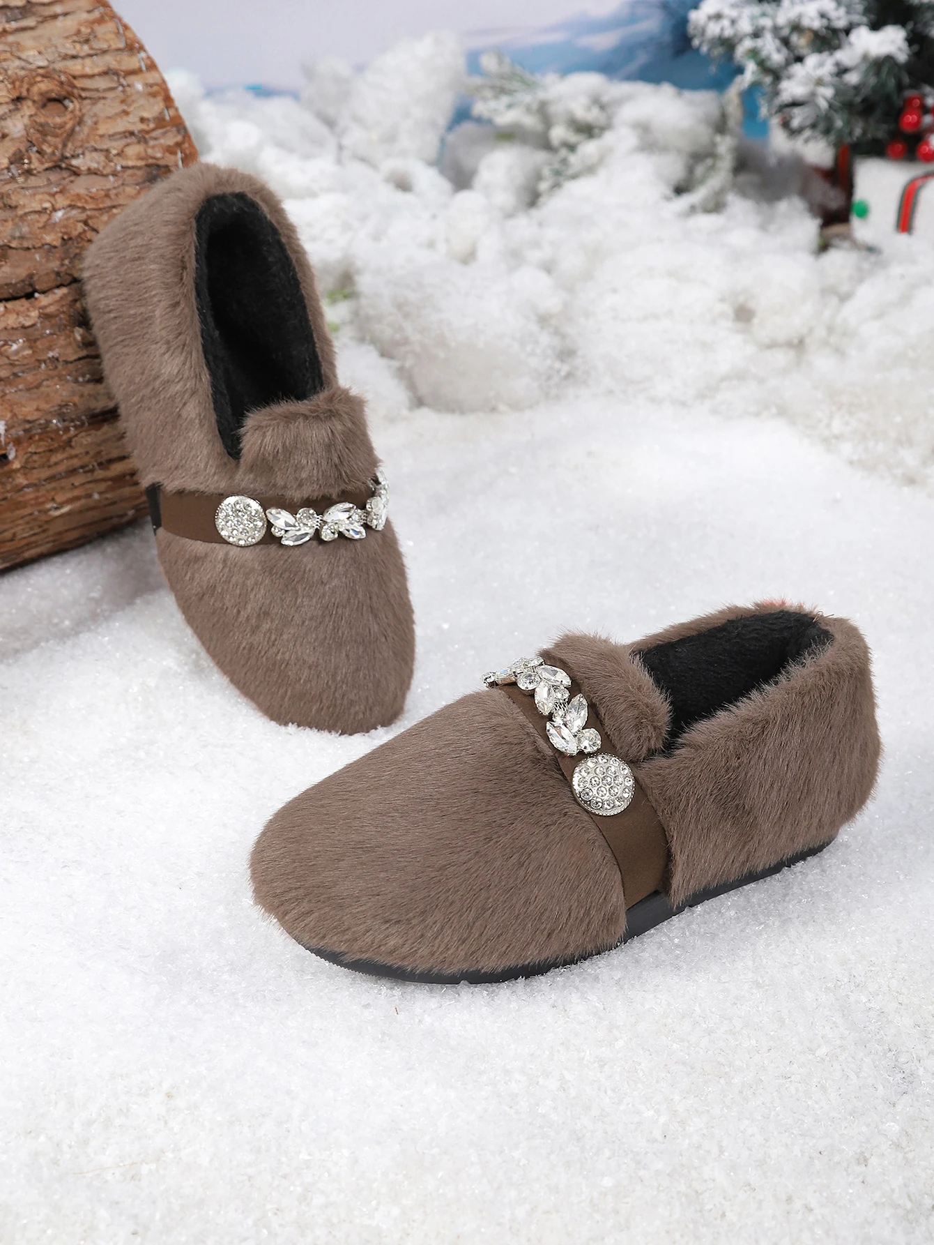 Damenstiefel, Pelzstiefel, Winterstiefel, flauschig, mit Strassverzierung, zum Hineinschlüpfen, warm, mit Fleece gefüttert, weiche Sohle, lässige Outdoor-Damenschuhe – Detail 2