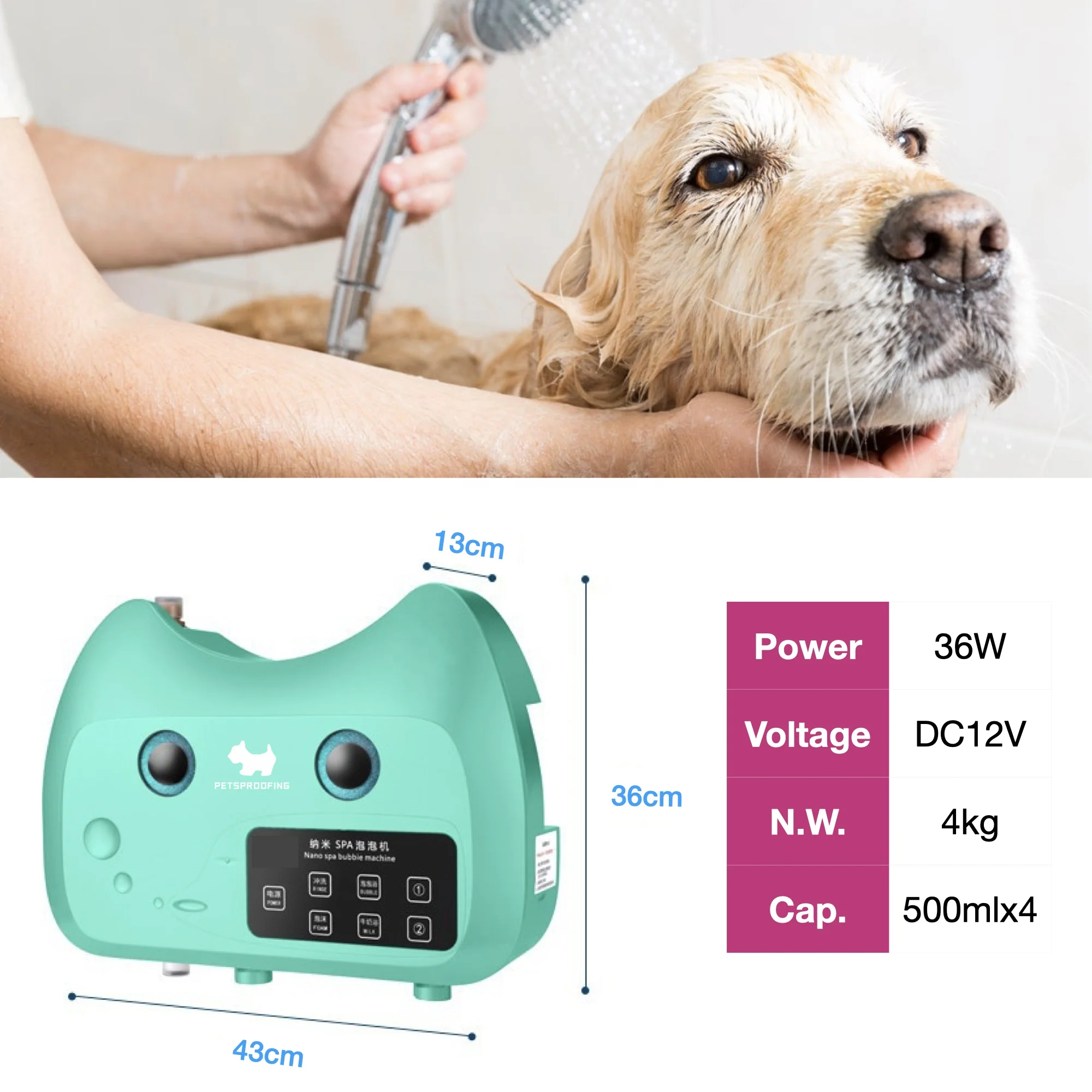 Productos de limpieza para mascotas, 4 botellas, masaje de baño para gatos y perros, máquina de burbujas de SPA, champú automático, mezcla de dilución