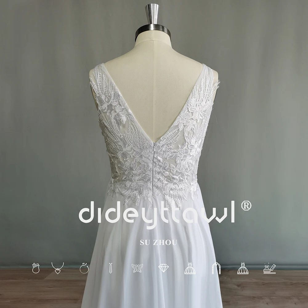 DIDEYTTAWL Boho V-neck Appliques A-LINE Floor Length Chiffon Wedding Dress Sexy Backless Floor Length Bridal Gown