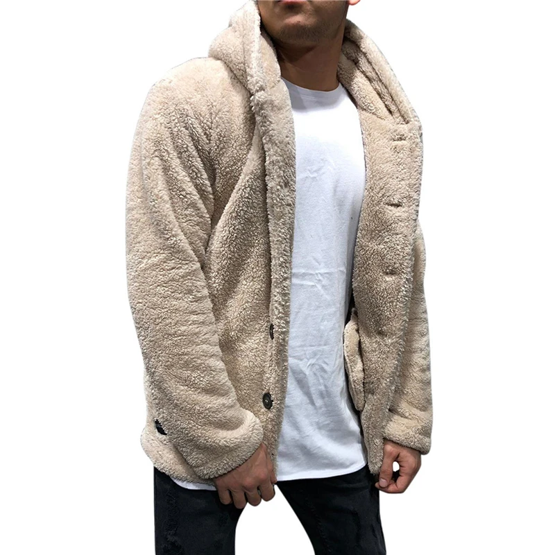 Mens Buttons Coat Warm Faux Fur Winter Casual Loose Double-Sided Plush Hoodie Fluffy Fleece Fur Jacket Hoodies Coat Outerwear