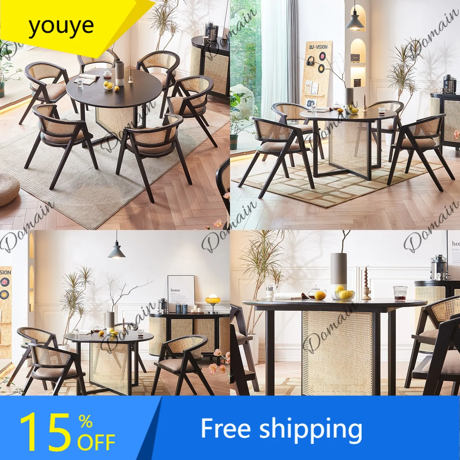 Cv Wabi-Sabi Rattan Solid Wood Round Dining Table Set For 2 Modern Minimalist Small Apartment Restaurant Bistro Furniture