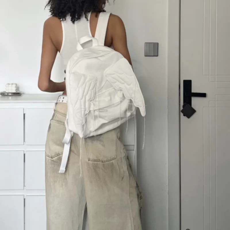 Y2k نمط الجناح على ظهره للنساء اليابانية لطيف الملاك حقيبة قماش قنب الإبداعية شرابة بلون طالب حقيبة كتف سعة كبيرة #4