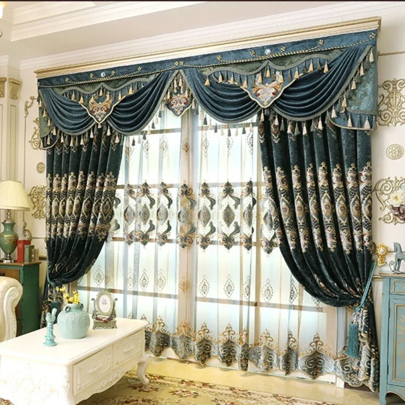ヨーロッパ刺繍カーテンリビングダイニングルーム寝室バルコニー床窓カスタマイズされたヴィラブルーシェニール高シェーディング