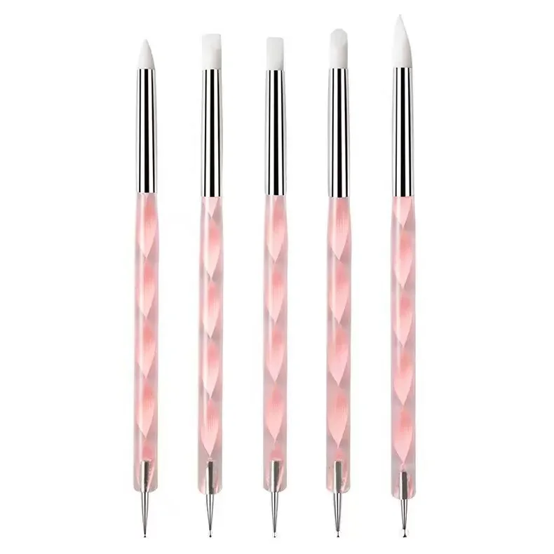 5Pcs 2 Way Nail Art Acrylic Silicone Point Flower Nail Pen Stainless Steel Dotting Tools Marbleizing Painting Pens