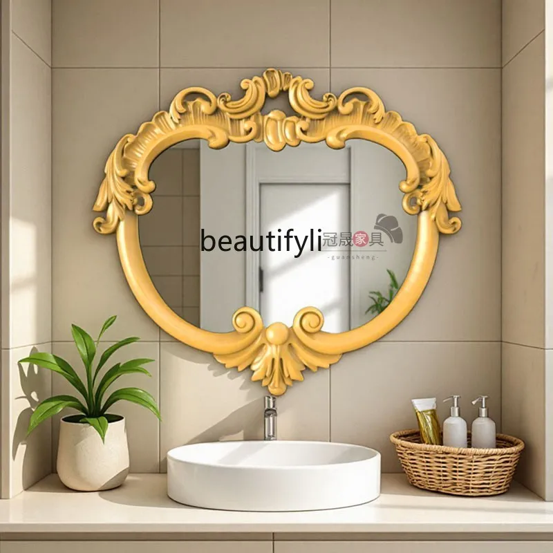 

French retro bathroom mirror wall hanging, carved makeup mirror European bedroom entrance special-shaped