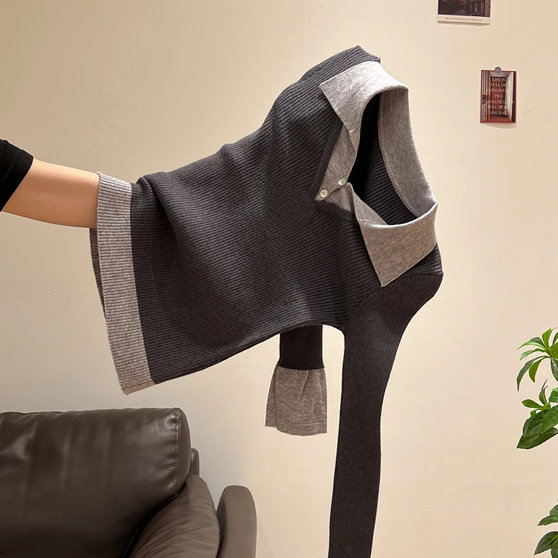 Pull tricoté femmes pulls nouveau à manches longues col rabattu Patchwork tricot pull haut pour femme femmes vêtements Q1357