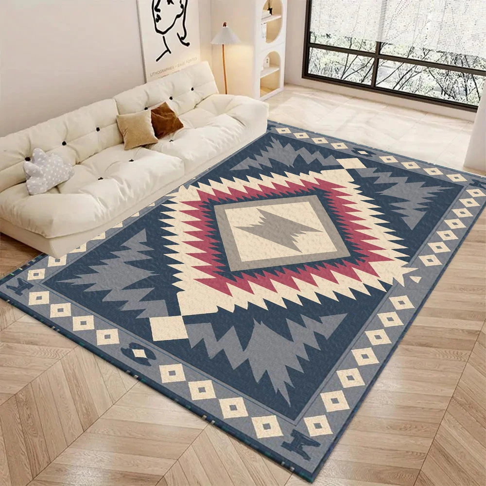 Southwestern Tribal Carpet Flooring Blue Red Beige Native Geometric Printed Floor Rug for Hall Living Room Interior Decoration