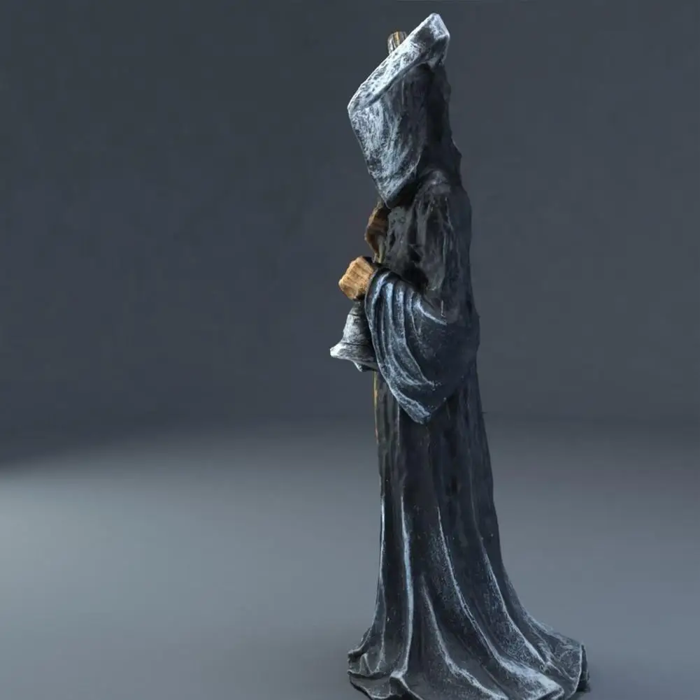 Dark Elegance Room Accents Grim Reaper Statue Resin Hooded Figurine with Sickle Bell Spooky Tabletop Ornament for Home Office